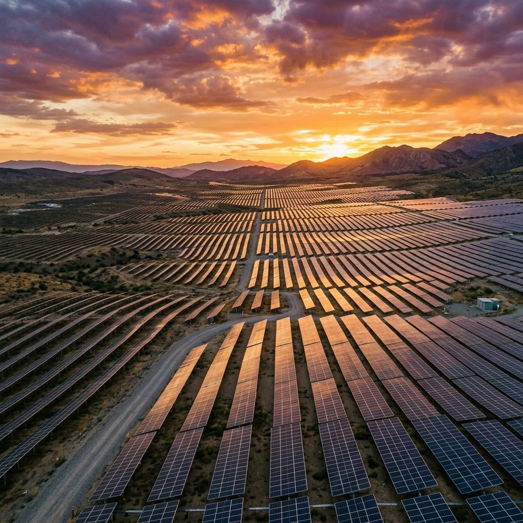Solar energy farm at sunset